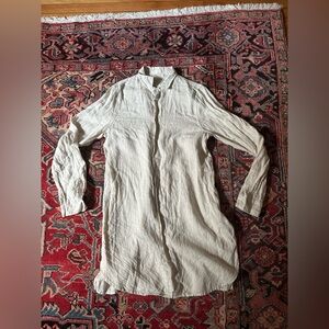 CP Shades Button Down Linen Round Hem Shirt Dress in Tan— Size Medium